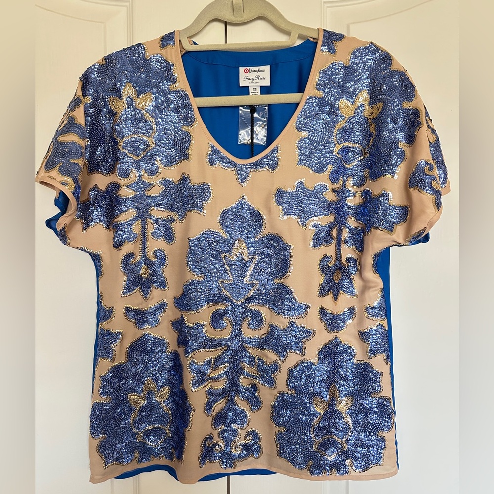 Tracy Reese Blue and Beige/Tan Sequin Blouse - Size XS